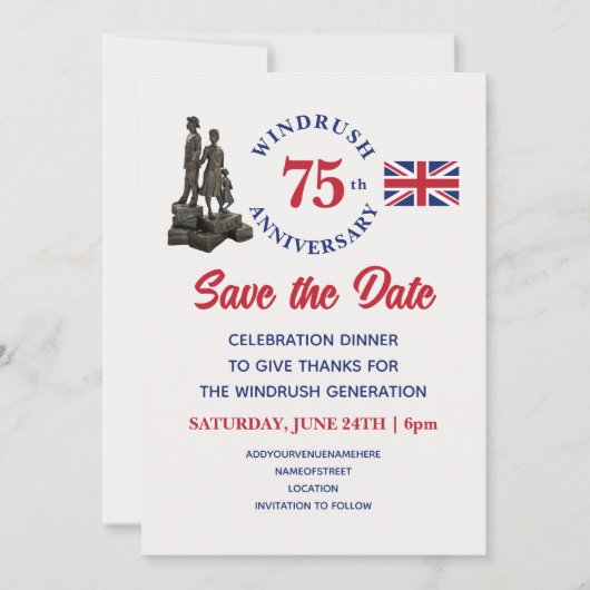 WINDRUSH 75-jähriger Union Jack Save The Date (Vorderseite)