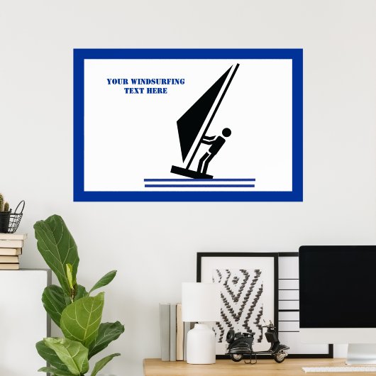 Windsurfer an Bord schwarz, blau Windsurfeigens Poster (Heimbüro)