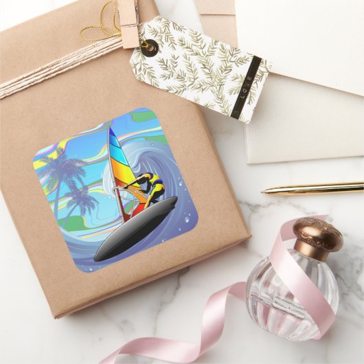 WindSurfer auf großen Meereswellen Quadratischer Aufkleber (Schenken)