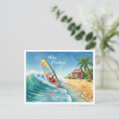 Windsurfing Santa Beach Christmas Card Feiertagspostkarte (Stehend Vorderseite)