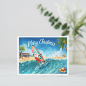 Windsurfing Santa Beach Christmas Card Feiertagspostkarte (Stehend Vorderseite)