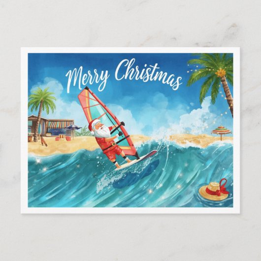 Windsurfing Santa Beach Christmas Card Feiertagspostkarte (Vorderseite)