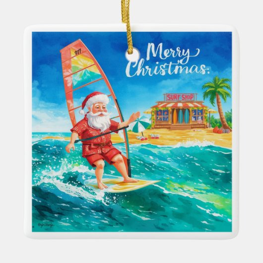 Windsurfing-Santa-Strand-Weihnachtskarte Keramikornament (Vorderseite)
