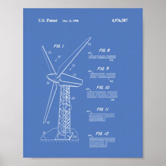 Windturbinenrotor 1990 Patentart Blueprint Poster (Vorne)