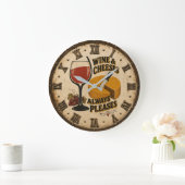 Wine and Cheese Always Pleases Rustic Kitchen Große Wanduhr (Zuhause)