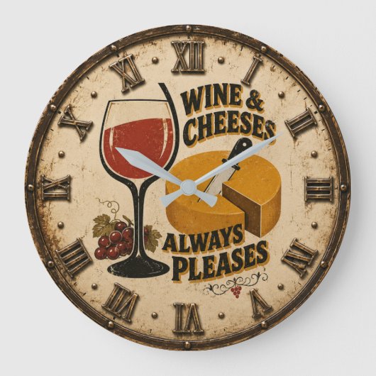 Wine and Cheese Always Pleases Rustic Kitchen Große Wanduhr (Vorderseite)