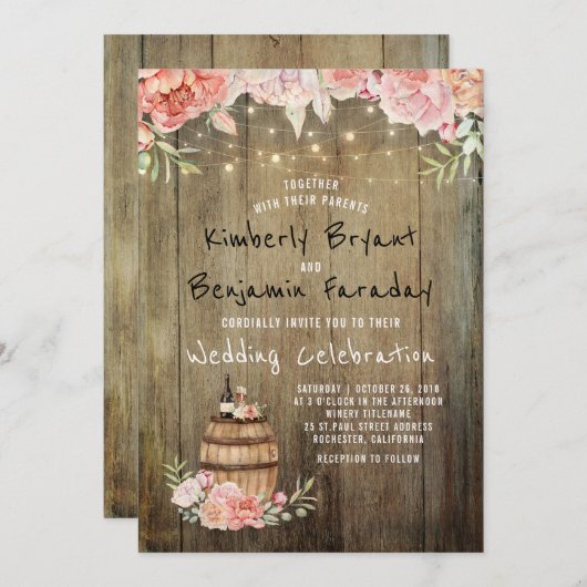 Wine Barrel Boho Rustic Barn String Lights Wedding Einladung (Vorne/Hinten)