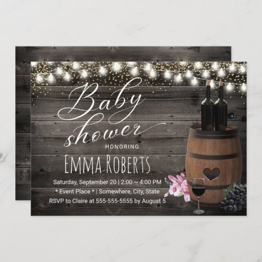 Wine Barrel Rustic String Light Barn Baby Dusche Einladung (Vorne/Hinten)