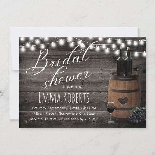 Wine Barrel Rustic String Light Barn Brautparty Einladung (Vorderseite)