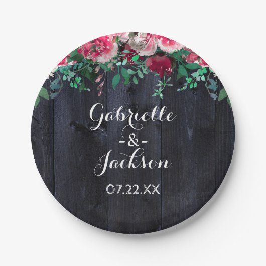 Wine Blush & Navy Wood Burgundy Wedgram Pappteller (Vorderseite)