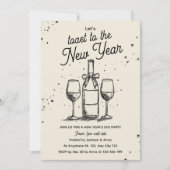 Wine Bottle and Glasses Hand Drawn New Year Party Einladung (Vorderseite)