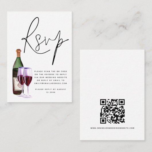 Wine Bottle Glass Script QR Code Wedding RSVP Begleitkarte (Vorne/Hinten)