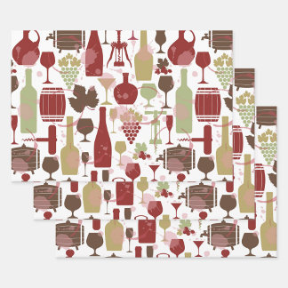 Wine Bottles Wrapping Paper Flat Sheet Set of 3 Geschenkpapier Set