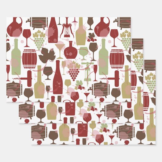 Wine Bottles Wrapping Paper Flat Sheet Set of 3 Geschenkpapier Set