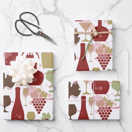 Wine Bottles Wrapping Paper Flat Sheet Set of 3 Geschenkpapier Set