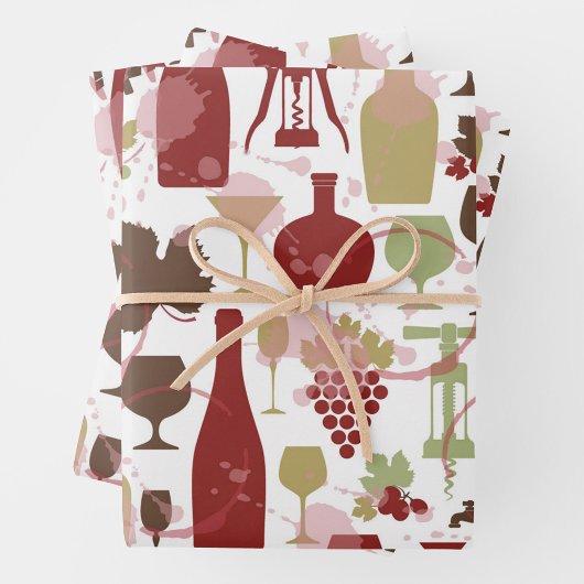 Wine Bottles Wrapping Paper Flat Sheet Set of 3 Geschenkpapier Set