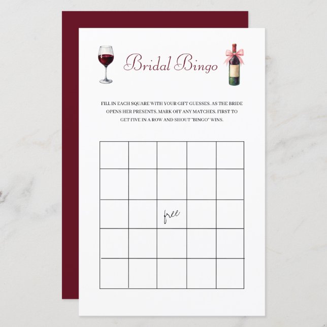 Wine Bridal Bingo Bachelorette Game Stationery (Vorne/Hinten)