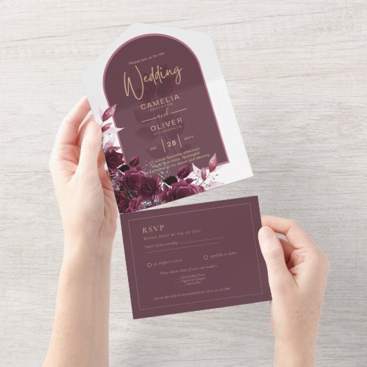 Wine Burgundy Rose Gold Text Wedding All In One Einladung (Abreißen)