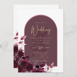 Wine Burgundy Rose Gold Text Wedding Einladung