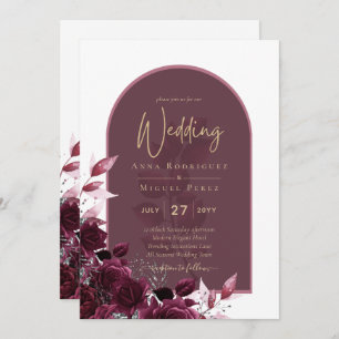 Wine Burgundy Rose Gold Text Wedding Einladung
