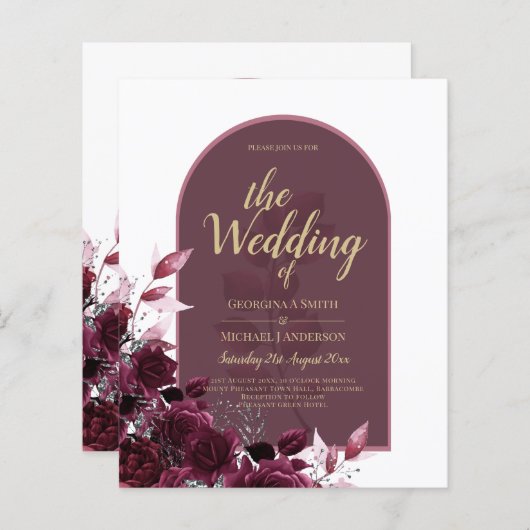 Wine Burgundy Rose Gold Text Wedding INVITE (Vorne/Hinten)