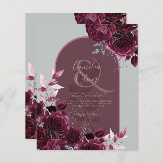 Wine Burgundy Rose Gold Text Wedding INVITE (Vorne/Hinten)