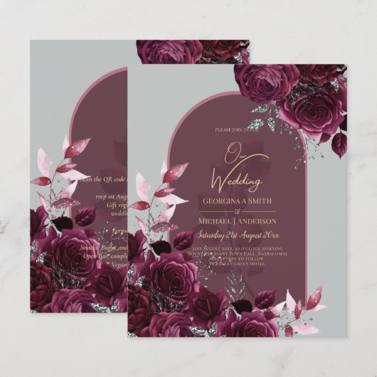 Wine Burgundy Rose Gold Text Wedding INVITE (Vorne/Hinten)