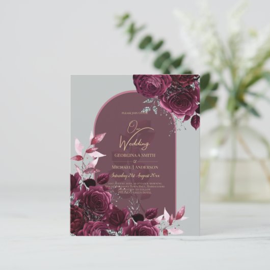 Wine Burgundy Rose Gold Text Wedding INVITE (Stehend Vorderseite)