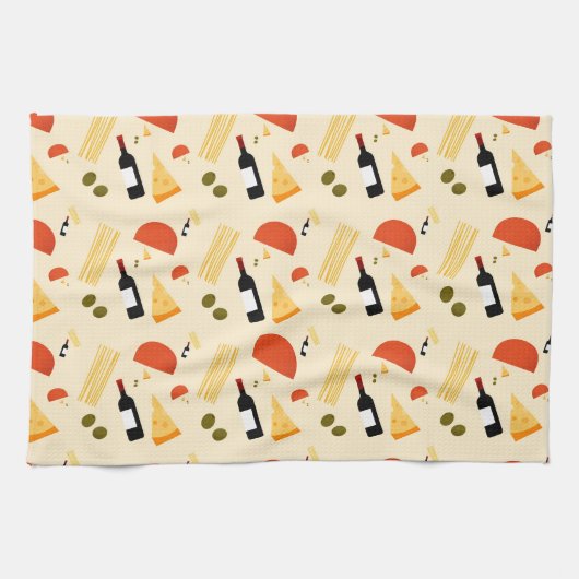 Wine cheese pasta and olives on a beige background geschirrtuch (Horizontal)