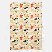 Wine cheese pasta and olives on a beige background geschirrtuch (Vertikal)