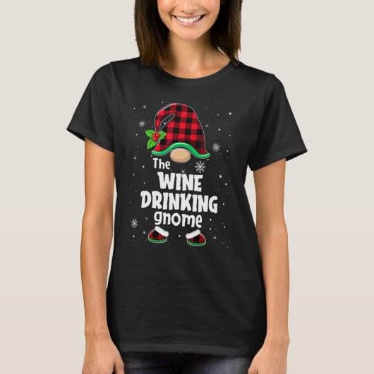 Wine Drinking Gnome Buffalo Plaid Christmas Matchi T-Shirt (Vorderseite)