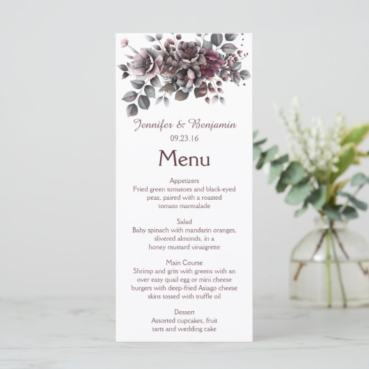 Wine, Dusty Purple, Dark Teal Wedding | Menükarte (Stehend Vorderseite)