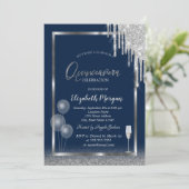 Wine Glass Balloons Glitzer Tropfen Blue Quinceañe Einladung (Stehend Vorderseite)