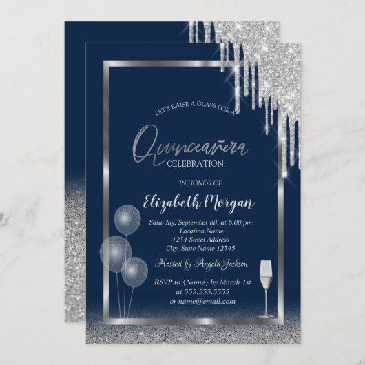 Wine Glass Balloons Glitzer Tropfen Blue Quinceañe Einladung (Vorne/Hinten)