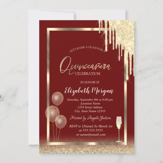 Wine Glass Balloons Glitzer Tropfen Red Quinceañer Einladung (Vorderseite)
