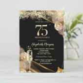 Wine Glass Gold Confetti Balloons 75th Birthday Einladung (Stehend Vorderseite)