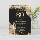 Wine Glass Gold Confetti Balloons 80th Birthday Einladung (Stehend Vorderseite)