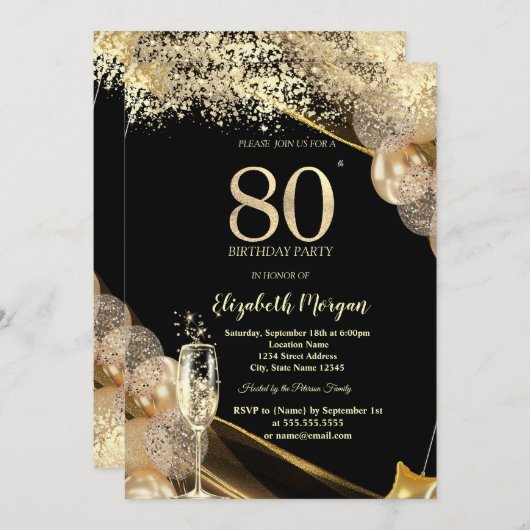 Wine Glass Gold Confetti Balloons 80th Birthday Einladung (Vorne/Hinten)