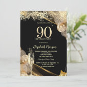 Wine Glass Gold Confetti Balloons 90th Birthday Einladung (Stehend Vorderseite)