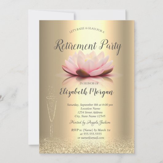 Wine Glass Gold Glitzer Bokeh Lotus Ruhestand Einladung (Vorderseite)