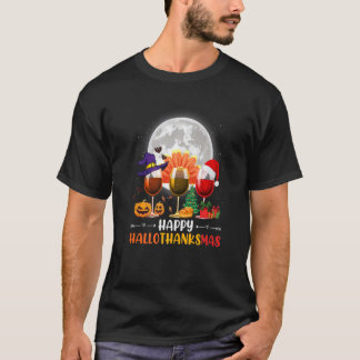 Wine Glass Thankgiving Wine Happy Hallothanksmas T-Shirt