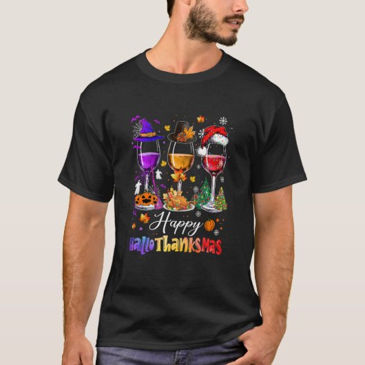 Wine Glasses Halloween Merry Christmas Happy Hallo T-Shirt (Vorderseite)