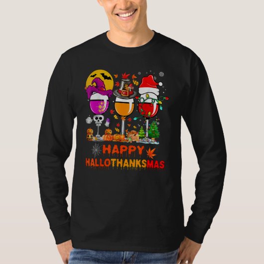 Wine Glasses Witch Santa Hat Pumpkin Happy Halloth T-Shirt (Vorderseite)