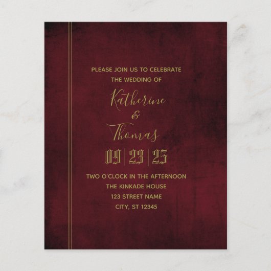 Wine & Gold Regal Wedding Einladung Budget Flyer (Vorne)