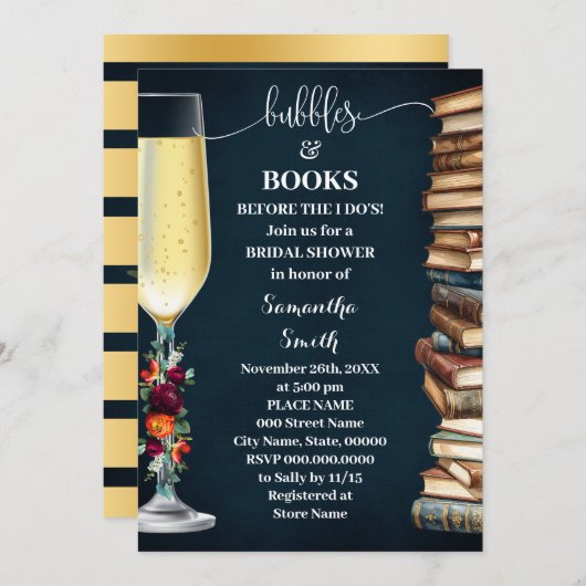 Wine Navy Bubbles & Book Before I do Bridal Shower Einladung (Vorne/Hinten)