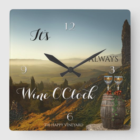 Wine OClock Vineyard Landscape Clock Quadratische Wanduhr (Vorderseite)