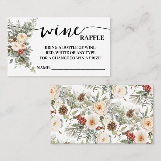 Wine Raffle Ticket Shower Card White Winter Floral (Vorne/Hinten)