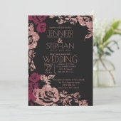 Wine Red Black Rose Gold Glitzer Blumenzwiese Einladung (Stehend Vorderseite)