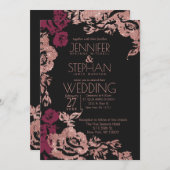 Wine Red Black Rose Gold Glitzer Blumenzwiese Einladung (Vorne/Hinten)