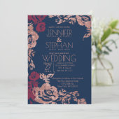 Wine Red Blue Rose Gold Glitzer Blumenzwiebeln Einladung (Stehend Vorderseite)